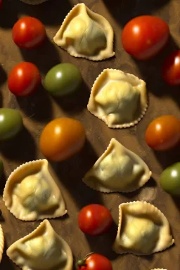 Raviolis composite with cherry tomato and albahaca, olive oil. renaissance style still life, moisture, art, natural, ornaments, marble, gold, high kitchen, smooth, gradient color background, unreal engine 5, ray tracing, RTX, lumen lighting, ultra detail, volumetric lighting, 3d.