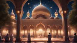 Hyper Realistic people worshiping inside Beautiful-Grand-Brown-Decorated-Mosque with Beautiful-Lightings-Decorations at night with stars on sky & beautiful trees