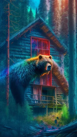 Cabin in the woods, bear, vivid color, movie scene, more accurate picture hdr
