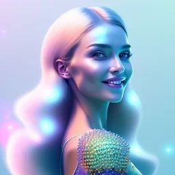 A portrait of a crystalised girl,smiling, laughting longs thin hairs blue, atmospheric, realistic,, cinematic lighting, octane render,, pink turquoise light, white skin, pink atmosphere, nice smile, jewels brillant, blue eyes, soft face, big smile, very happy, 8K hight quality, bright eyes light, blue silk dress