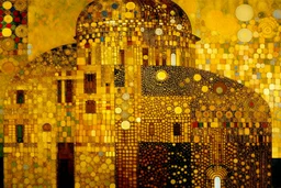 A yellow fortress with glowing halos painted by Gustav Klimt