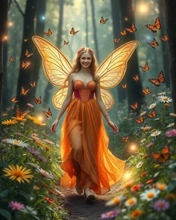 Beautiful Lady Fairy smiling walk in forest with flowers and many colourful butterflies and fireflys, photography art