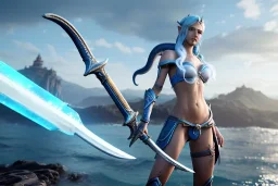 [Sea Elf] [Maormer] Hero Queen with [white hair] and [blue skin] wielding a blue glass greatsword on a ship with crew [fantasy] [realism] [Elder scrolls]