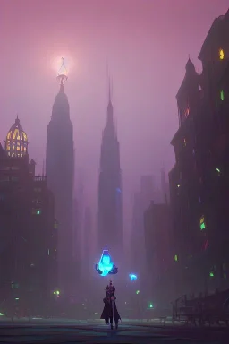 a city at night with a elf wizard who is holding a glowing orb