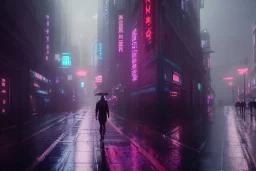 3D, beautiful, light reflecting, empty future city at night, rainy night, neon, cyberpunk, tron, one cyborg walking, 8k, finely detailed, photo realistic