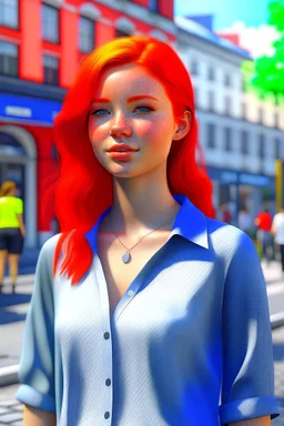 Young red-haired woman standing in the street, daytime, photorealistic