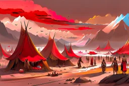 painting, landscape, artistic, illustration, artstation, black desert, black sand, bleak, pale red sky, large bustling camp, tigtly packed leather tents, vereshagin style