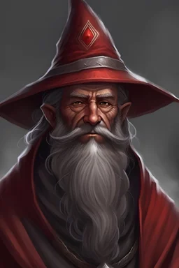 a gray bearded wizard with a dark red hat and dark brown skin