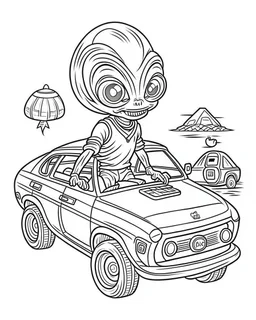 Alien with vehicle coloring page, full body (((((white background))))), only use an outline., real style, line art, white color, clean line art, white background, Sketch style.