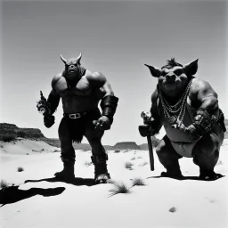 [art by Helmut newton] Bebop and Rocksteady, low angle view in the desert of the lostlands