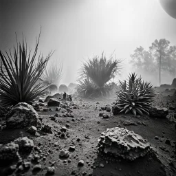 A striking quality Kodak photograph captures a wasteland with monsters and group of plants, creepy, details of the dust very accentuated, glossy organic mass, adorned with minerals and rocks. Bathed in intense light, eerie, Max Ernst style, black sun, fog