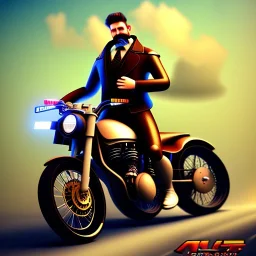 Homme mince sale avec grosse moustache sur une moto ridicule