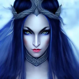 female half-elven sorcerer wearing a blue dress, long black hair, dark blue eyes, pretty face, close-up, realistic