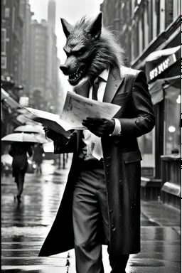 Werewolf in a suit walking the streets of Soho in the rain. He's holding a resraurant menu in his hand, and his hair is perfect. There is a Chinese restaurant in the background. Photograph.