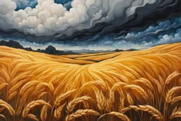 Create an abstract landscape painting of golden stems of wheat with the backdrop of a cloudy sky. Multiple vivid alcohol ink splashes and streams Modifiers: elegant intricate beautiful high detail fantastic view high definition James Jean Dark background Mark Ryden style very high definition dramatic composition glossy deep emboss