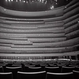 a close up of a single chair on stage under spotlight at a dark and empty symphony hall as seen from stage