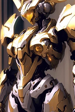 a close up of a gandam robot in a building, concept art of omegamon, arasaka mech, from arknights, intricate assasin mecha armor, mecha art, mecha anime, barbatos mobile suit, the golden humanoid robot, anime mech armor, modern mecha anime, beautiful gold saint, mecha, cgsociety 9