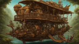 steampunk gipsy caravan crossed with a boat flying high over a jungle with platforms, verandas, and people, cogs, pullys, intricate