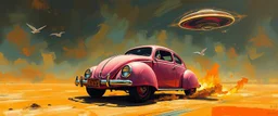 a high definition screen shot of a jet-fighter vw-beetle, retrofuturistic, phototrealism, Macabre Rapture End of days Revelation scene, loose brush stroke matte oil painting, sinner apotheosis,diagonal composition, unbalanced, abstract surreal horror, eerie, scary warm colors, Eldritch, by Colin McCahon Upscale @JonKnockTurnal A photorealistic futuristic pink cadillac 2999 ufo, bilaterally