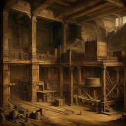 A brown underground mining factory painted by Leonardo da Vinci