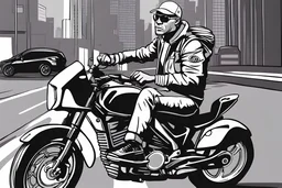 Cartoon man wearing corporate clothes nike He rides on his motorcycle wearing shoes nike Tn
