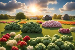 lifelike photography, vegetable and fruit landscape, broccoli forest, chive field, cauliflower sheep, orange sun, whipped milk clouds, raspberry flowers, cheese barn and haystack in sunshine