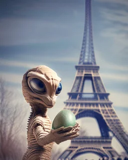 ET holding an Easter egg in front of the Eiffel Tower