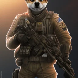 Kabosu the shiba inu, as a black ops soldier with a pistol