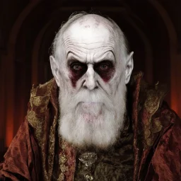 very grainy discolored modern photo, closeup portrait, dark ancient hall with no lights, grunge, extremely old male with chalk-white skin wearing old dashing and opulent gilded clothes, threatening, imposing, nosferatu