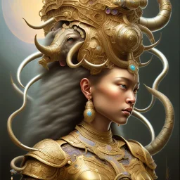 Sango fantasy, fantasy magic, intricate, sharp focus, illustration, highly detailed, digital painting, concept art, matte, art germ and Paul Lewin and Kehinde Wiley, masterpiece silver elephant head bronze Buddha Asian African girl nice breast Hawaiian hair turquoise golden waves