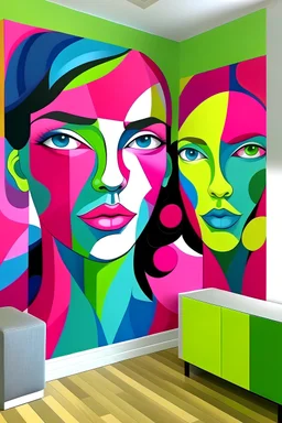 Create handpainted wall mural featuring abstract faces in Cubist cubes. Play with lively pops of color like bubblegum pink, lime green, and electric blue for a whimsical and modern look. Give it a handpainted mural effect