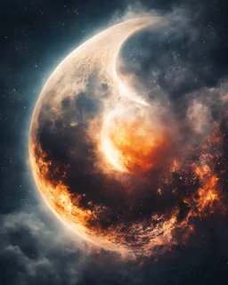 Moon, biological heart, cinematic, {abstract}, depression, space background, atmospheric, fire, DLSR, soft focus, dispersion