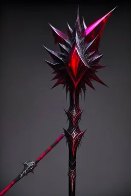 A sorceress evil staff that is a mix colors of red and black crystals and sharp edges