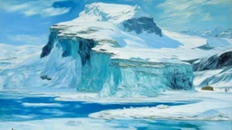 A cyan glacier island covered in snow painted by Claude Monet