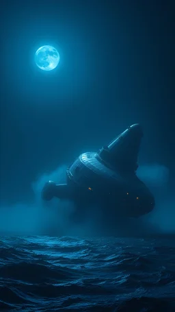 alien spaceship crashed in the ocean in a dark blue fog shattered to many parts dark sky with a dim moon