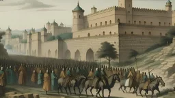 The arrival of the Muslim army in front of a fortress with high walls