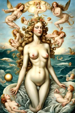 a striking image of the birth of Venus, exactly in the famous style, she is surrounded by modern style realistic and detailed images of ladies with facelifts, Botox lips, too much makeup, fake beauty , they look at her jealously as their fake beauty cannot overshadow the natural beauty of Venus