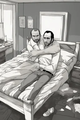 Nicolas Cage and Trevor Philips cuddling in the bedroom.