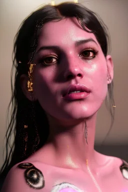 Realistic image, Rosalía artist, portrait, waist up portrait, long black eye line, sweet, gold and pink geisha style, glow make up, led lights, neon, led piercing nose, led ornament, fog, rain, latex, vibrant color, highly detailed, art stations, concept art, smooth, unreal engine 5, god rays, ray tracing, RTX, lumen lighting, ultra detail, volumetric lighting, 3d, finely drawn, high definition, high resolution.