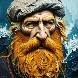 impasto oil painting of an old mariner, thick sculptural brushstrokes, swirling textures, golden beard flowing into stormy ocean, expressive portrait style, vivid ocean blues and greens, emotional and textured, expressionist painting --v 7 --style raw --ar 4:5 --q 2