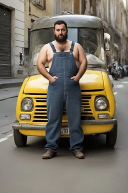 half figure photography of an ugly 36 year old chubby robust burly turkish plumber, wearing his work unbuttoned bulging overalls, bulge, leaning with his back to his van, arms folded and emotive look, ajar mouth, hairy chest, , very virile, short black beard, shaved hair, sweat, , in a sunny street, photorealistic , frontal view from the ground