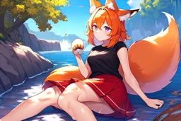 Girl, fox ears, one big fox tail, orange hair, red skirt, river, fox foot ,lies on the shore, purple fox eyes, black T-shirt, wet, happy, fox paws foot