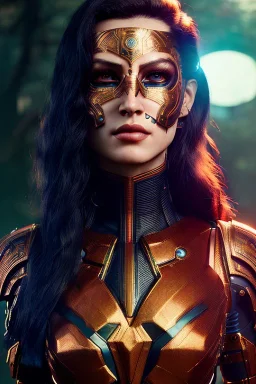 Cyborg warrior, waist up portrait, 8k resolution, intricate details, ornate details, soft lighting, vibrant colors, retroanime, masterpiece, intricate eyeliner, dark eyeshadow, eyes, facepaint, hair, intricate tattoos, jungle background