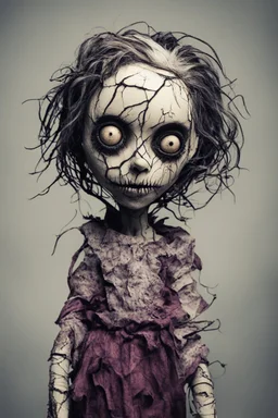 full color, illustration of a dark, menacing, monster girl, as a decayed, broken, crude homemade cloth doll toy, with a narrow cracked porcelain face, thick dark eyebrows, hair made from ragged strips of cloth, in the style of Alex Pardee, Tim Burton, and Nadya Sheremet