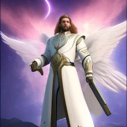 First image is of the main character's full body. He’s to look like a powerful angel with white robe, symbols on hands glowing, His background should be that of space above with stars and standing on a paradise of a planet. His belt can transform into a white dragon.