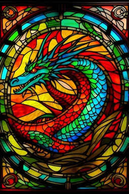 a radiant stained glass window of a dragon