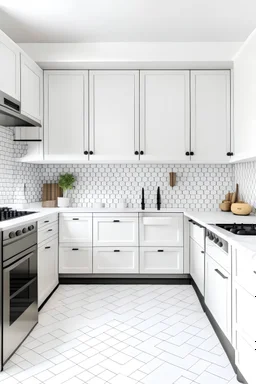 white shaker kitchen, cupboards at the bottom and top with black handles , with white work surface, hexagon white marble backsplash, white plain floor and small plant and wicker baskets