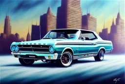 a true-to-life 1967 Ford Falcon XR GT, centered, intricate, extreme detailed, photorealism, center view, city background, pivot on ford, pen and color marker, painting by cheryl kelley