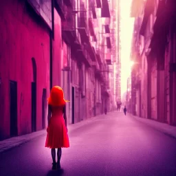 Beautiful lonely girl who walks along a street without people at dawn. You see her from behind. She wears a very short red dress. She has long pink hair with glowing crystals. Full body, 8k resolution concept art. Professional Photo HD. Stylish. Warm vivid colors. Panoramic