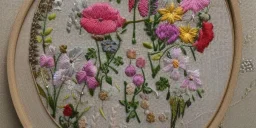 exquisite whimsical garden in embroidery hoop, intricate, highly detailed, linen and wood backdrop